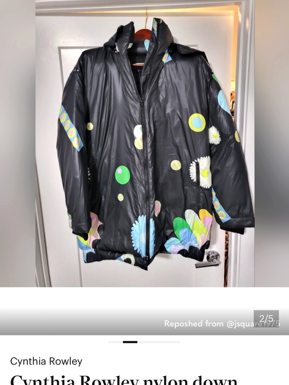 NWT Cynthia Rowley Black Floral Dot Puffer Coat with Pastel Accents